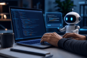 Développeur utilisant un copilote d’intelligence artificielle pour programmer