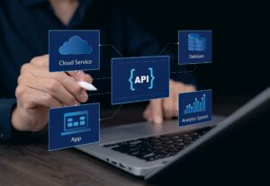 Illustration des API reliant différentes applications et services numériques.