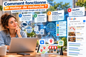 Fonctionnement d’un moteur de recherche avec exploration, indexation, classement et résultats