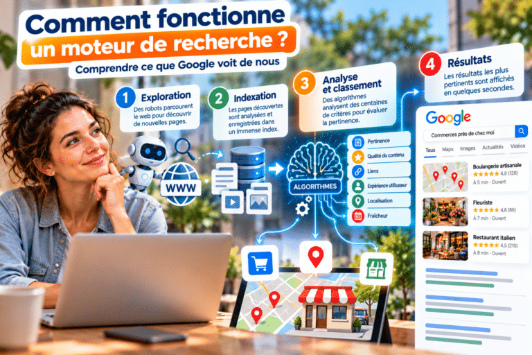 Fonctionnement d’un moteur de recherche avec exploration, indexation, classement et résultats