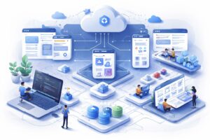 Écosystème de plateformes numériques reliant entreprises, utilisateurs et services.