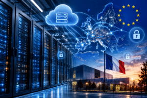 Infrastructure cloud et flux de données illustrant la souveraineté numérique européenne.